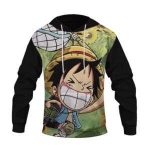 Kid Luffy Catching Bugs Design Funny One Piece Hoodie
