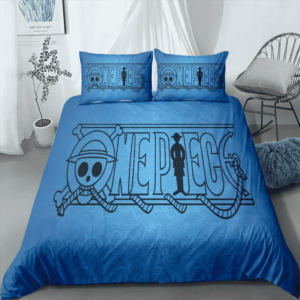 One Piece Black Minimalist Anime Logo Blue Bedding Set