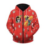 One Piece Brook Dressrosa Arc Floral Pattern Red Zip Hoodie