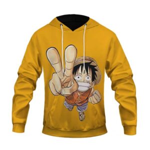 One Piece Energetic Luffy Peace Hand Yellow Pullover Hoodie