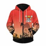 One Piece Straw Hat Pirates Silhouette Art Red Zip Up Hoodie