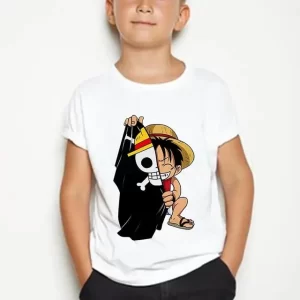 Adorable Luffy Pirate Flag White One Piece T-shirt for Boys