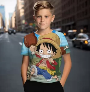 Funny Luffy Holding Meat Feast Adventure T-shirt for Boys