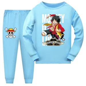 Light Blue Monkey D. Luffy One Piece Pajama Set for Kids