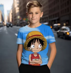 One Piece Bandaged Young Luffy Smiling Blue Boys' T-shirt