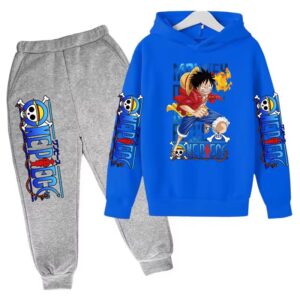 Action Fist Luffy One Piece Blue Gray Children's Hoodie Set