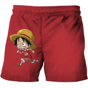 Adorable Chibi Luffy Running Red One Piece Shorts for Boys