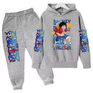 All-Gray One Piece Luffy Fire Fist Children's Hoodie Set