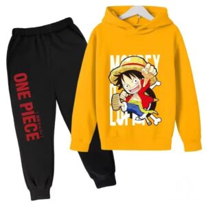 Bold Luffy One Piece Anime Design Yellow Hoodie Set for Boys