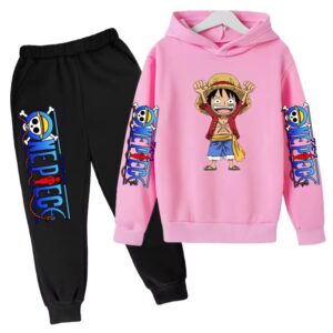 Cheerful Luffy One Piece Graphic Pink Black Kids Hoodie Set