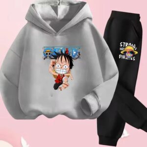 Chibi Monkey D. Luffy Running Gray Black Hoodie Set for Children