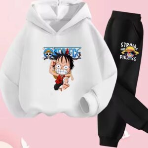 Chibi Monkey D. Luffy Running White Black Hoodie Set for Boys