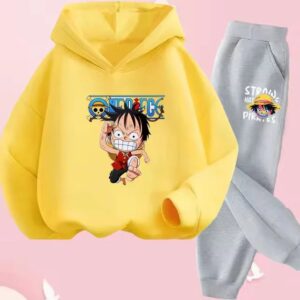 Chibi Monkey D. Luffy Running Yellow Gray Hoodie Set for Kids