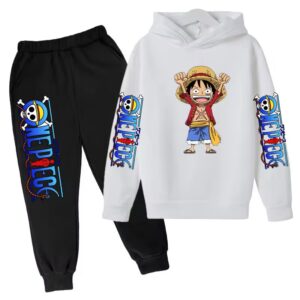 Cute Chibi Straw Hat Luffy White Black Hoodie Set for Kids