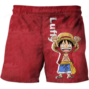 Funny Chibi Luffy Celebration Red One Piece Shorts for Kids