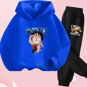 Funny Running Luffy Chibi Art Blue Black Children's Hoodie Set