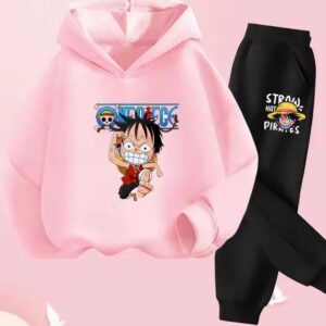 Funny Running Luffy Chibi Art Pink Black Boys' Hoodie Set