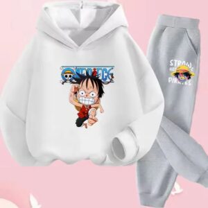 Funny Running Luffy Chibi Art White Gray Kids Hoodie Set