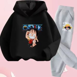 Funny Running Luffy One Piece Logo Black Gray Boys' Hoodie Set