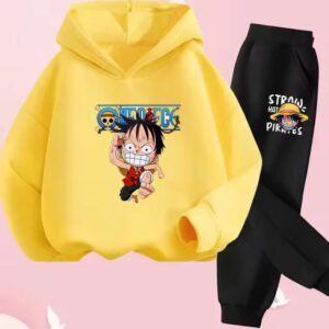 Funny Running Luffy One Piece Logo Yellow Black Kids Hoodie Set