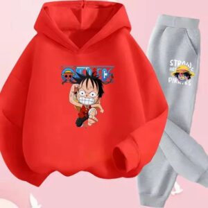 Funny Running Luffy One Piece Red Gray Children's Hoodie Set