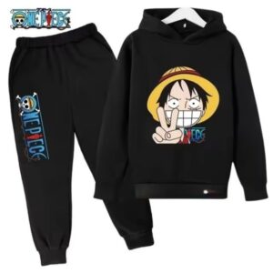 Funny Straw Hat Luffy Peace Sign Black Hoodie Set for Kids