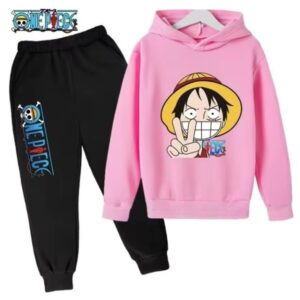 Funny Straw Hat Luffy Peace Sign Pink Black Kids Hoodie Set