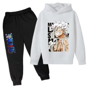 Gear 5 Sun God Nika Luffy White Black Hoodie Set for Boys