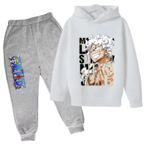 Gear 5 Sun God Nika Luffy White Gray Hoodie Set for Children