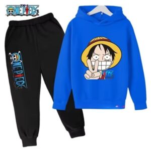 Goofy Luffy Head One Piece Blue Black Children's Hoodie Set