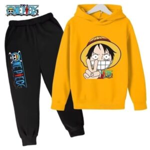 Goofy Luffy Head One Piece Yellow Black Hoodie Set for Kids