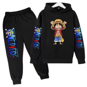 Joyful Straw Hat Luffy One Piece All-Black Boys' Hoodie Set