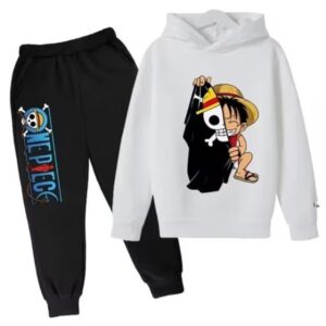 Kid Luffy Straw Hat Flag White Black Hoodie Set for Children