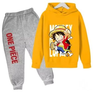 Luffy Chibi Style One Piece Yellow Gray Hoodie Set for Boys