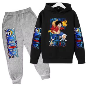 Luffy Fire Fist Action Black Gray One Piece Kids Hoodie Set