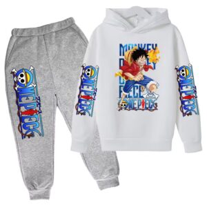 Luffy Fire Fist Action White Gray One Piece Kids Hoodie Set