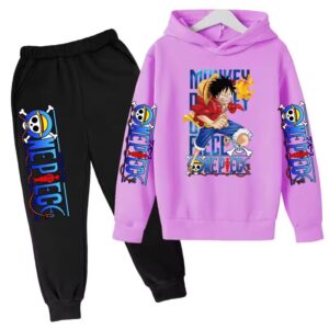 Luffy Flame Punch Art Purple Black Hoodie Set for Children