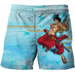 Luffy Samurai Wano Arc Graphic Blue Shorts for Kids