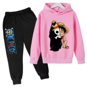 Luffy Straw Hat Flag Pink Black Hoodie Set for Children