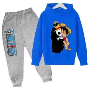 Luffy Straw Hat Pirate Flag Blue Gray Hoodie Set for Kids