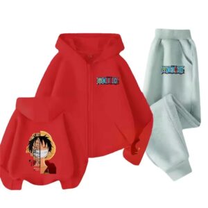 Monkey D. Luffy Face Quote Red Gray Hoodie Set for Kids