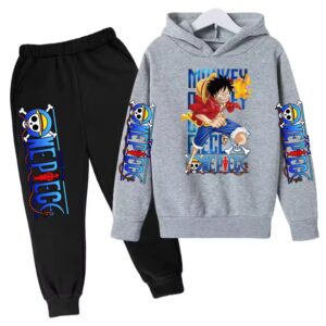 Monkey D. Luffy Flame Fist Gray Black Hoodie Set for Kids