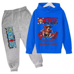 Monkey D. Luffy One Piece Blue Gray Hoodie Set for Children