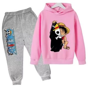 Monkey D. Luffy Pirate Flag Pink Gray Hoodie Set for Boys