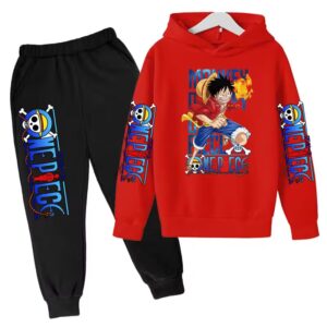 One Piece Fiery Fist Luffy Red Black Hoodie Set for Children