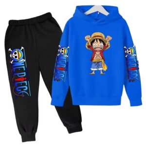 One Piece Happy Kid Luffy Blue Black Hoodie Set for Boys