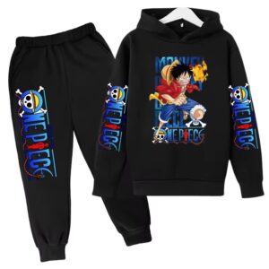 One Piece Luffy Fire Fist Punch Black Hoodie Set for Boys