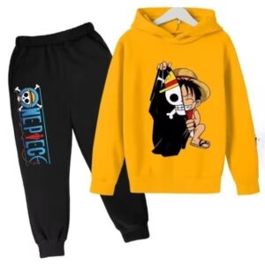 One Piece Luffy Flag Art Yellow Black Children's Hoodie Set