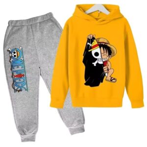 One Piece Luffy Flag Art Yellow Gray Children's Hoodie Set