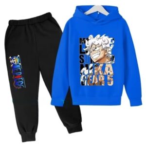 One Piece Luffy Gear 5 Blue Black Hoodie Set for Children